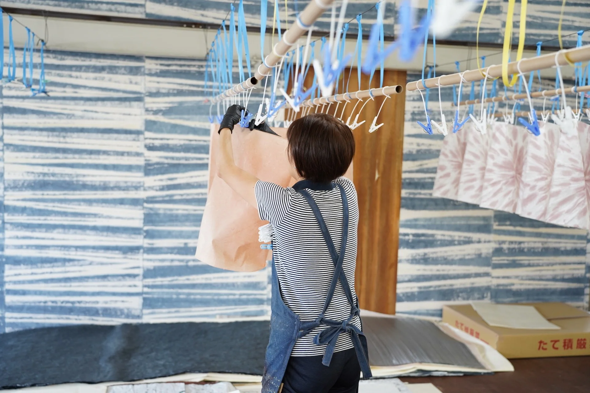 Sheets of washi drying in the workshop