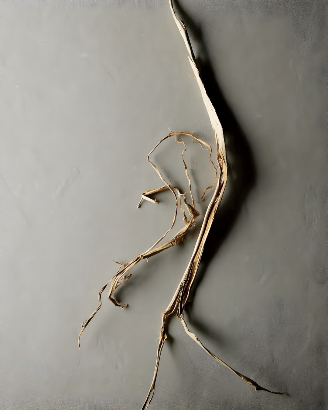 A strip of kozo bark on grey washi