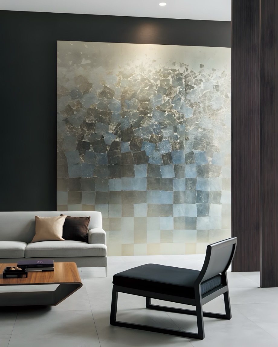 A blue-grey leaf panel above a sofa