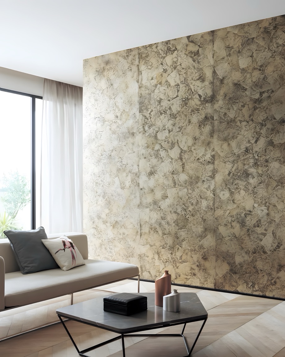 A pale leaf wall beside a window and sofa