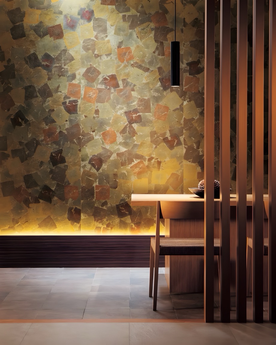 A gold fleck wall lit by a pendant lamp